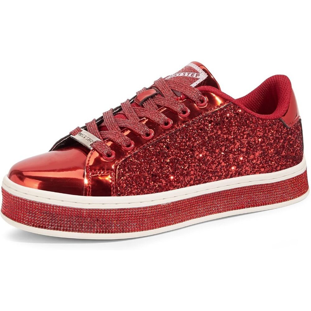 Lucky Step Women's Red Platform Glitter Sneakers Sparkly Bling Shiny Dressy